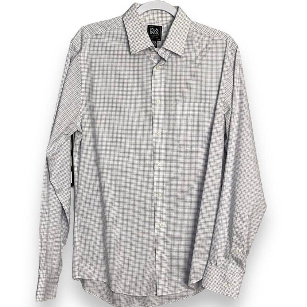 Jos A Bank Traveler Button Up Shirt Men's 15.5 Multicolor Plaid Slim Fit Casual